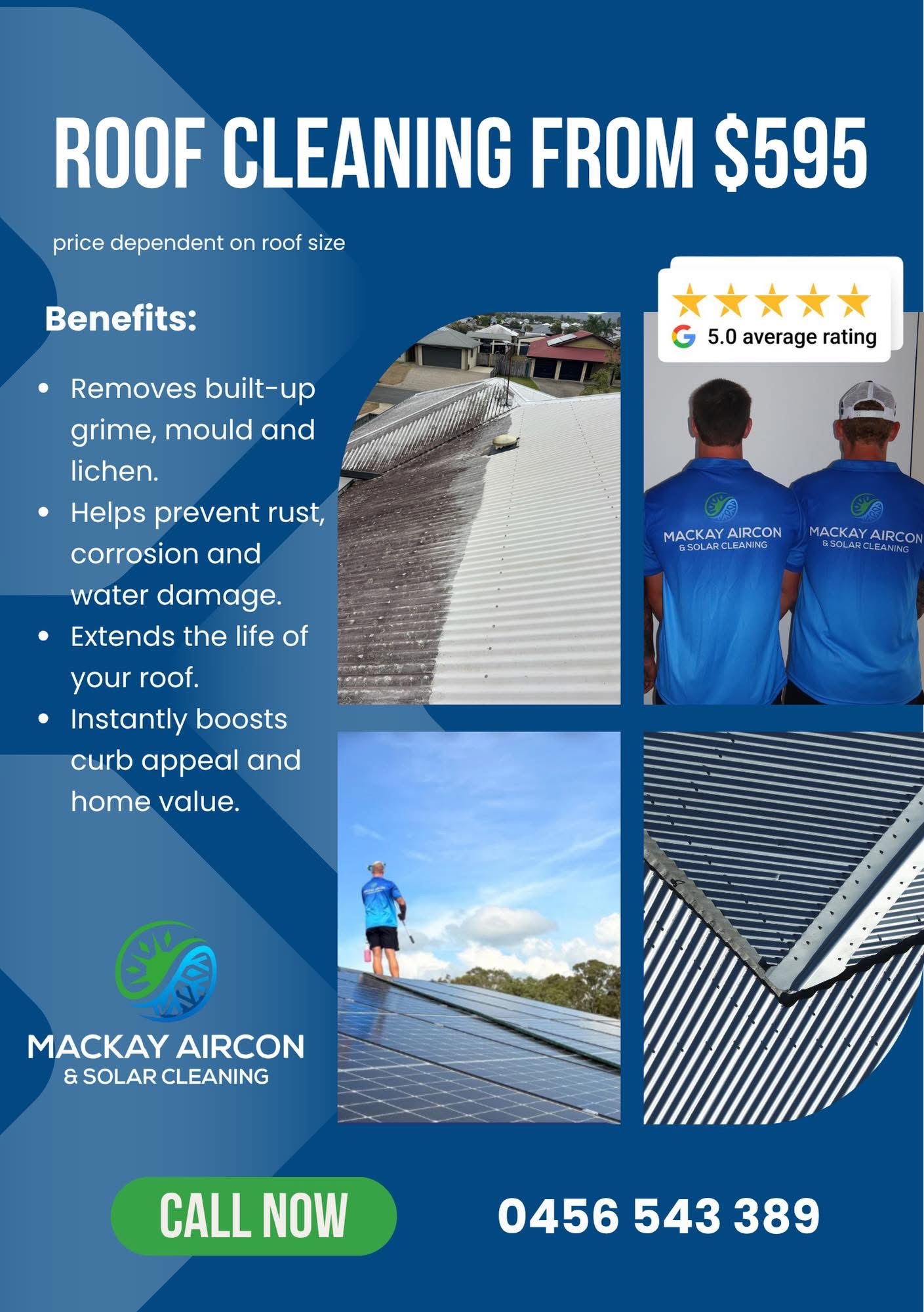 Mackay Aircon & Solar Cleaning roof cleaning flyer showing before and after roof washing, the team, and benefits