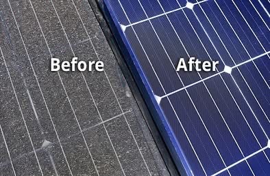 Side by side comparison of a dirty solar panel and a freshly cleaned one