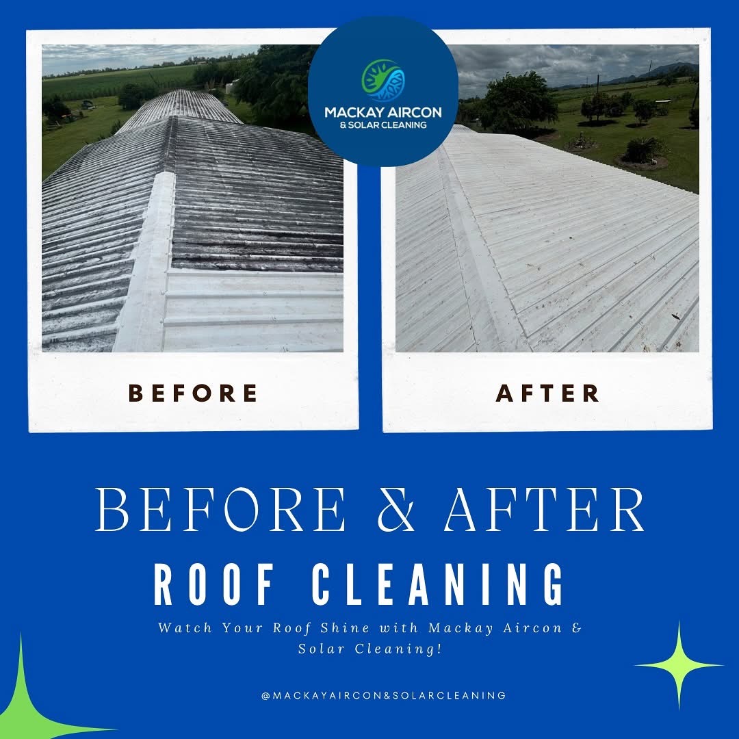 Before and after photos of a large shed roof cleaned in Mackay