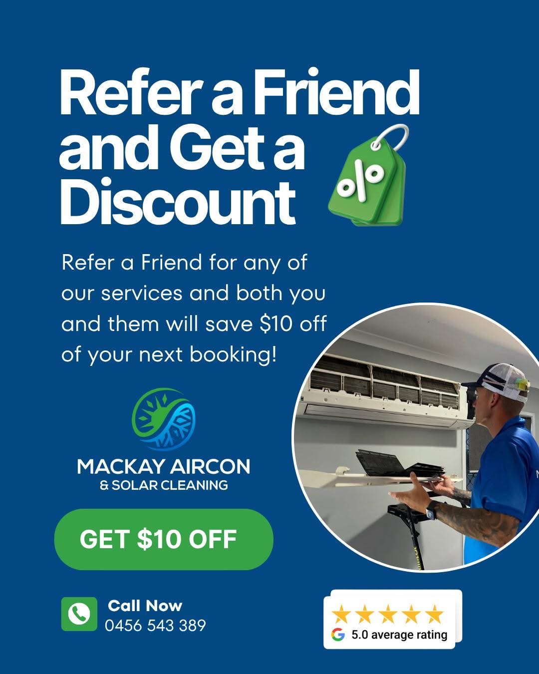 Refer a friend poster offering $10 off your next booking for you and your friend