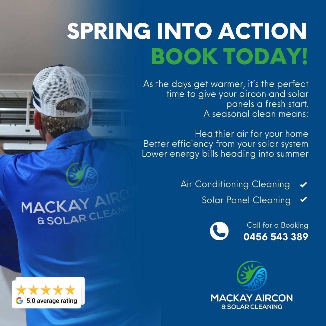Spring into action booking offer poster for aircon and solar cleaning