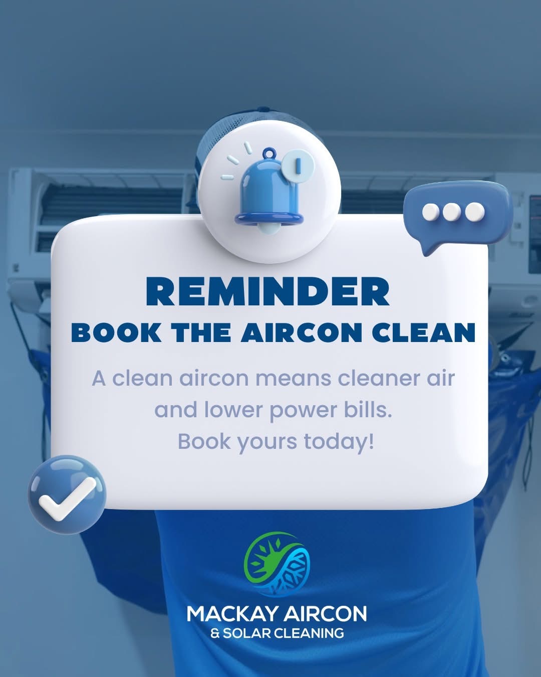 Reminder poster to book an aircon clean for cleaner air and lower power bills